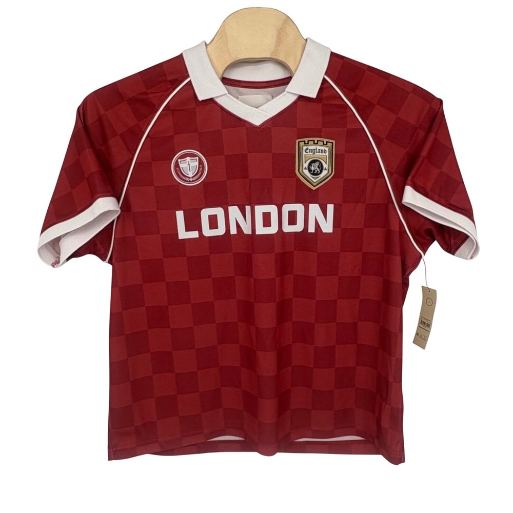 London England Soccer Jersey Men Large Red Checkered V-Neck No Boundaries NEW